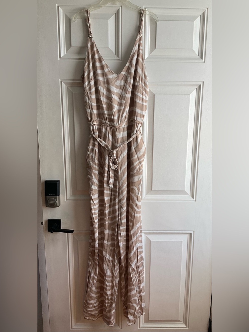 H&M Beige and White Zebra Striped Jumpsuit